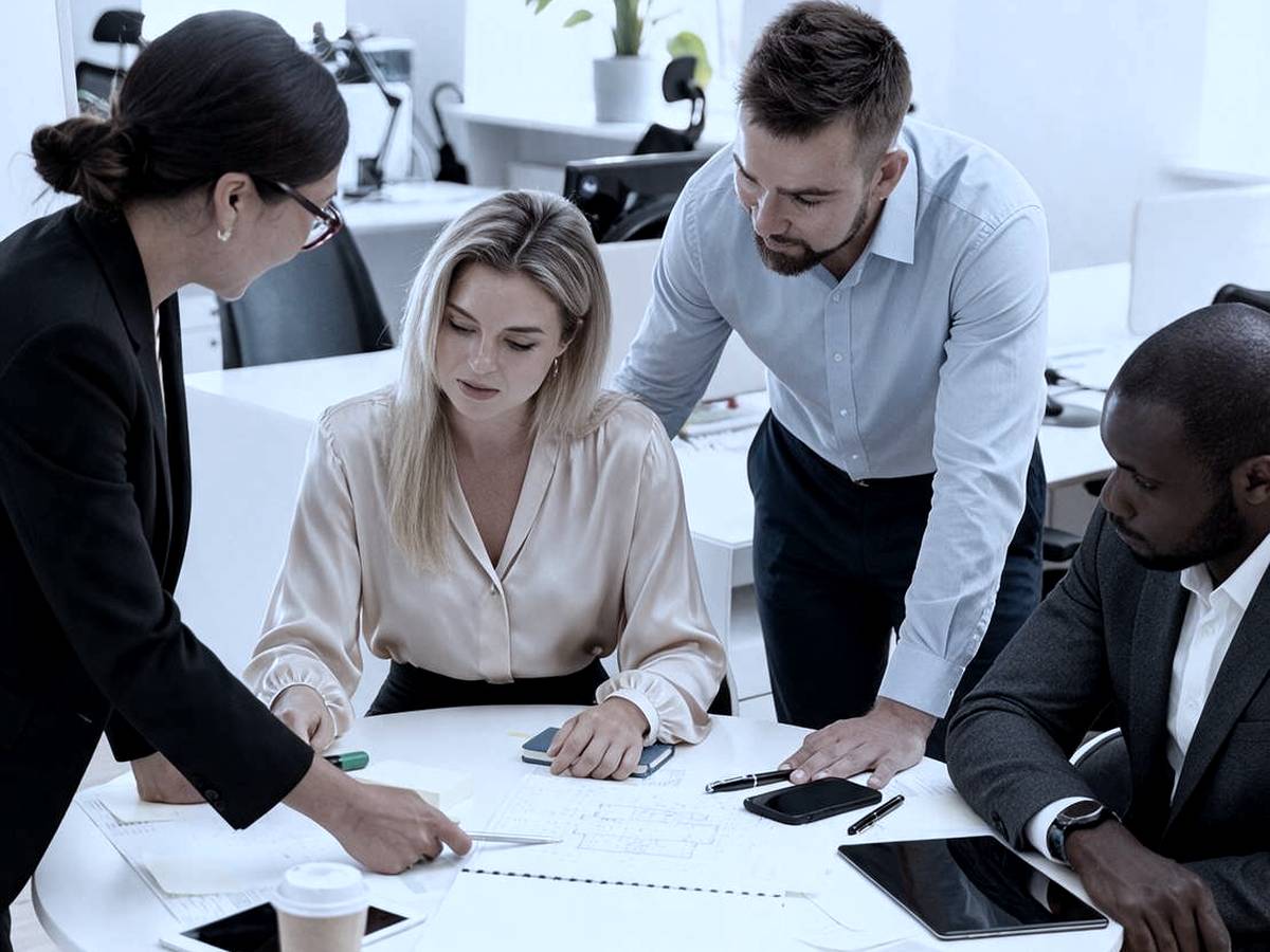 Equipo de trabajo revisando documentos en una mesa de reuniones